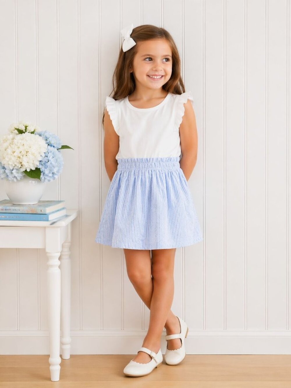 Crewcuts Seersucker Skirt 4-5 Blue White Striped Preppy Girls Elastic Waist